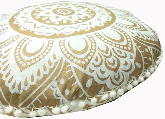 24" White Gold Flower Mandala Barmeri Large Floor Pillow Cover Cushion Meditation Seating Ottoman Throw Cover Hippie Decorative Zipped Bohemian Pouf Ottoman Pom Pom Cases ( 24 " round) - Bloomnest