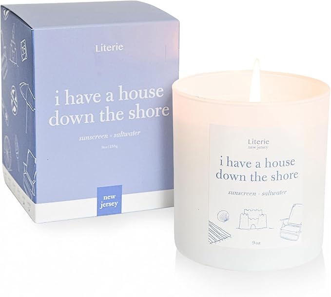 Literie NJ Inspired Scented Candle: I Have a House Down The Shore - Sunscreen & Saltwater Scented, 9oz, 50 Hour Burn, Vegan Soy & Coconut Blend Candle for Home Decor, Gift for Women & Men - Bloomnest