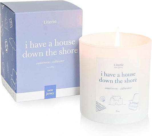 Literie NJ Inspired Scented Candle: I Have a House Down The Shore - Sunscreen & Saltwater Scented, 9oz, 50 Hour Burn, Vegan Soy & Coconut Blend Candle for Home Decor, Gift for Women & Men - Bloomnest