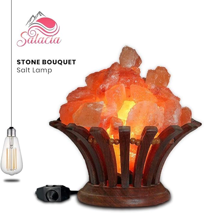 Stone Bouquet - A Himalayan Salt Lamp Bowl with Dimmer Cord - 100% Natural Pink Salt Rocks with Neem Wood Basket, Natural Himalayan Salt Ball Bowl Lamp, Premium Quality Wood Base Light.