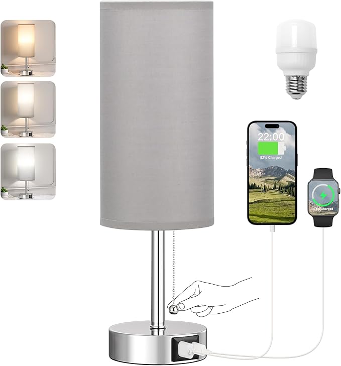Grey Table Bedside Lamp for Bedroom Nightstand - Small Silver Lamp with USB A + C Charging Port, 3 Color Temperatures Pull Chain Night Stand Light with Bulb, Side Table Desk Lamp for Living Room - Bloomnest