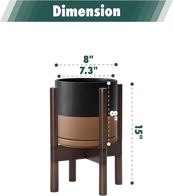 D'vine Dev Ceramic Planter with Walnut Color Stand - 8 Inch Modern Round Flower Pot with Wood Planter Holder, Black/Speckled Tan, 55-B-Y-7 - Bloomnest