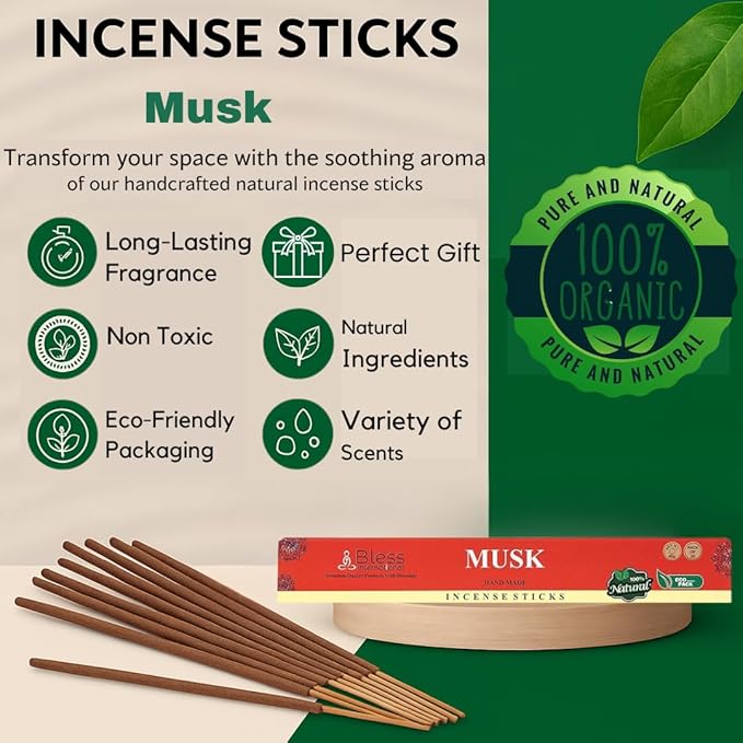 Bless-Musk 100%-Natural-Handmade-Hand-Dipped-Incense-Sticks Organic-Chemicals-Charcoal-Free Purification-Relaxation-Positivity-Yoga-Meditation Best-Woods-Scent (100 Sticks(5.25 OZ)) BlessInternational