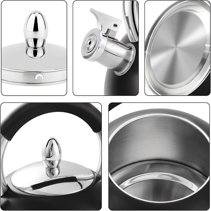 Whistling Tea Kettle for Stove Top Stainless Steel Tea Pot with Ergonomic Silicone Handle Teapot for Stovetop 3.2 Quart / 3 Liter Black - Bloomnest