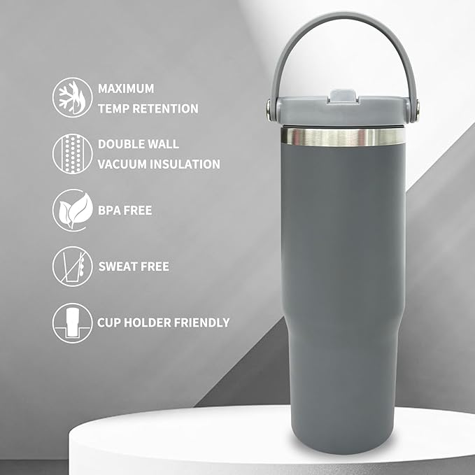 30 oz Tumbler Bulk with Top Handle, Double Wall Vacuum Insulated Tumbler with Flip Straw, Travel Coffee Mug 30oz Powder Coated Cup for Laser Engraving (Gray,4 pack) - Bloomnest