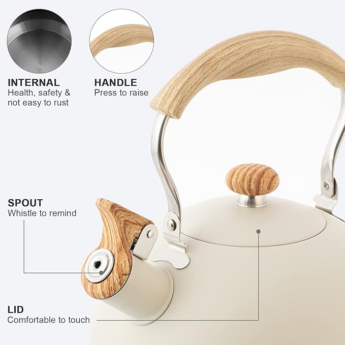 2.6 Quart/2.5 L Whistling Tea Kettles with Wood Grain adjustment Nylon Handle, Capsule Base Tea Kettle, White (White) - Bloomnest
