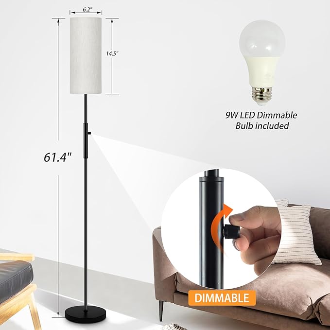 Floor Lamps for Living Room, Modern Standing Lamp, Minimalist Pole Lamps, Stepless Dimmable 9W Bulb Included, Tall Lamp with Linen Shade, Lamps for Bedroom, Office, Kids Room, Reading Light - Bloomnest