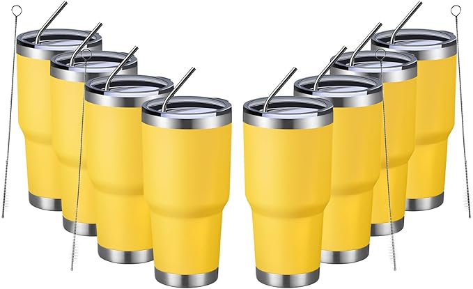 MEWAY 30oz Insulated Tumbler With Lids and Straws,Stainless Steel Double Vacuum Coffee Tumbler Cup, Brush, Durable Powder Coated Coffee Cup for Cold & Hot Drinks, Office, Travel(Yellow,8 PACK) - Bloomnest