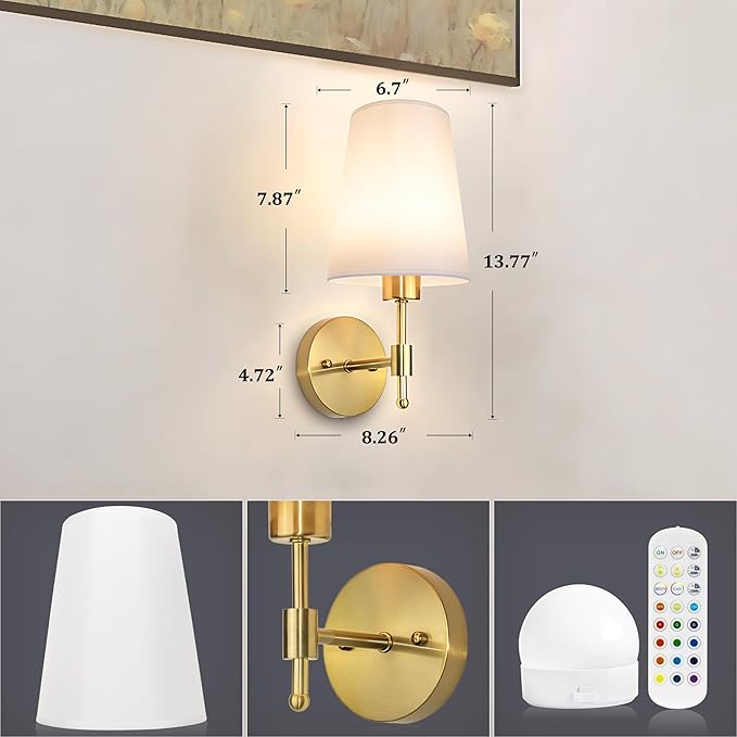Battery Operated Wall Sconces Set of 2,Rechargeable Wall Lights with 5200mAh Dimmable Bulbs and Remote,Adjustable 15 Colors,Wireless Wall Lamps for Bedroom Living Room - Bloomnest