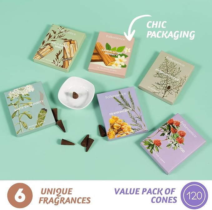 Folkulture Incense Cones Scented | Set of 6 Fragrances (120 Cones) with Holder | Set of 6 (60 Cones) Pack | Palo Santo, Frankincense, White Sage, Sandalwood Inscents FOLKULTURE
