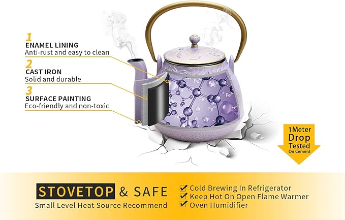 Tea Kettle, TOPTIER Japanese Cast Iron Teapot with Stainless Steel Infuser, Cast Iron Tea Kettle Stovetop Safe, Leaf Design Teapot Coated with Enameled Interior for 40 Ounce (1200 ml), Purple - Bloomnest