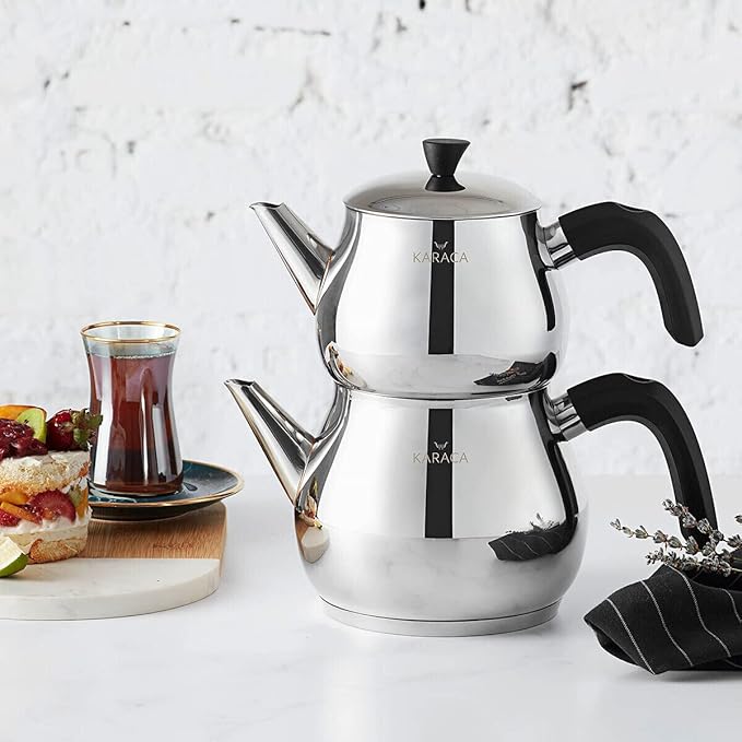 Karaca Kayra Teapot Set, Stainless Steel, Tea Pot 33 oz, Kettle 59 oz, Black Silver, Suitable for Induction, Tea Maker, Kettle, Turkish Tea Kettle - Bloomnest