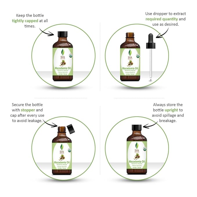 SVA Macadamia Seed Oil Organic - 4 Fl Oz – 100% Natural Cold Pressed Organic Macadamia Oil - for Face, Skin Care, Hair Care, Scalp Massage & Body Massage – Carrier Oil with Dropper - Bloomnest