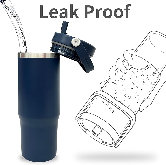 30 oz Tumbler with Top Handle, Double Wall Vacuum Insulated Tumbler with Flip Straw, Travel Coffee Mug 30oz Powder Coated Cup for Laser Engraving (Navy,1 pack)