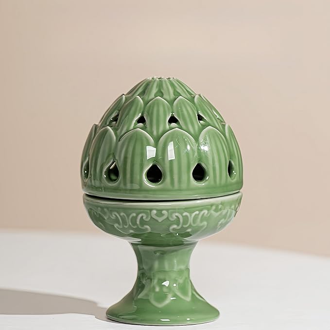 Mini Ceramic Incense Burner - Chinese Classic Plum Green Celadon Glaze, Fragrance Cone & Stick Holder Palo Santo/Sage/Herb Burner for Meditation, Yoga, Desk Decor, Zen Relaxation Gift (Lotus) - Bloomnest