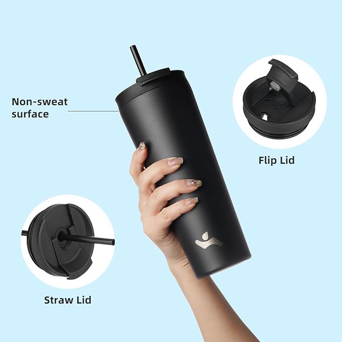 26 OZ Insulated Tumbler with Lid and 2 Straws Stainless Steel Water Bottle Vacuum Travel Mug Coffee Cup,Black - Bloomnest