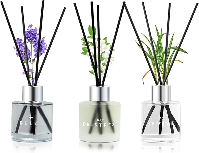 3 Pack Fragrance Reed Diffuser, 50ML Lavender Jasmine Lemongrass Aromatherapy Diffuser Set with 12 Black Fiber Sticks,Air Freshener for Bedroom Bathroom Office, 8.2X 6.6X 2.1 inch - Bloomnest