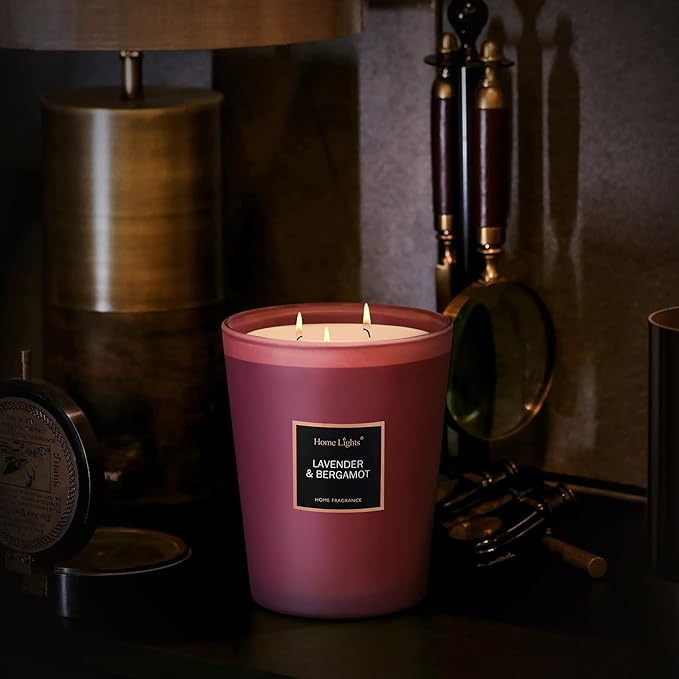 HomeLights Highly Scented Soy Candles Big 33.3 oz for Home. 3 Cotton Wicks, Smokeless Long Lasting 130 hrs in Lavender & Bergamot. 5x6, Great Gift for Women & Men - Bloomnest
