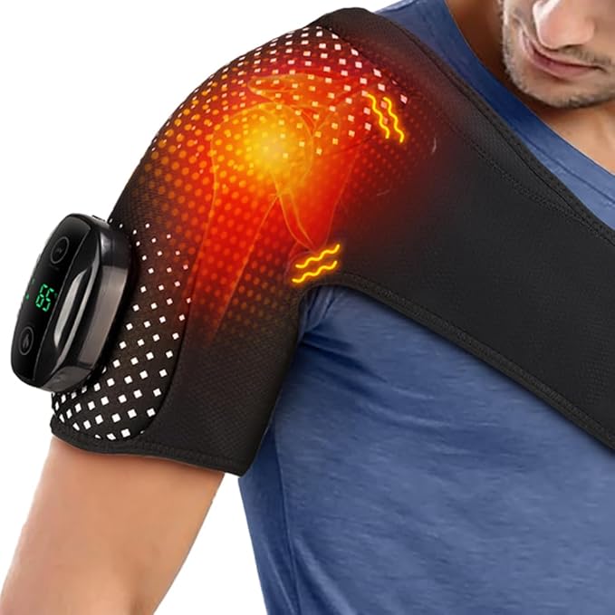 Cordless Heating Shoulder Wrap Massager Electric Heated Brace Vibeation Pad for Shoulder Neck with 3 Heat & Vibration (Black)
