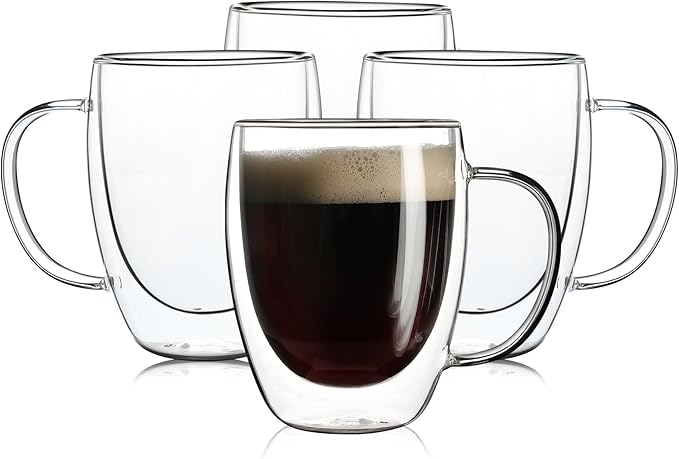 Aurzen 4 Pack Double Walled Glass Coffee Mugs with Handles, Large Insulated Layer Coffee Cups, Clear Borosilicate Mugs, Perfect for Cappuccino, Tea, Microwave Safe (12oz-4Pack) - Bloomnest