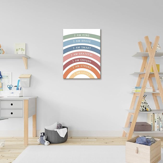 Framed Inspirational Canvas Art Wall Decor, Positive Quotations Picture Prints, Modern Boho Daily Affirmations Wall Art, Cute Rainbow Room Decor for Nursery Classroom Bedroom – 12x16in - Bloomnest
