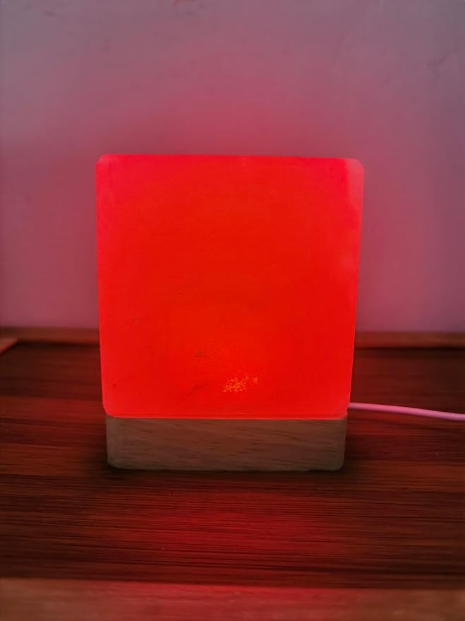 USB Colour Gradient Himalayan Salt lamp, Solid Wood Base Atmosphere Decoration Square Salt lamp with Remote Control, Natural Crystal Stone Bedside Night Light, Handmade Crafts.