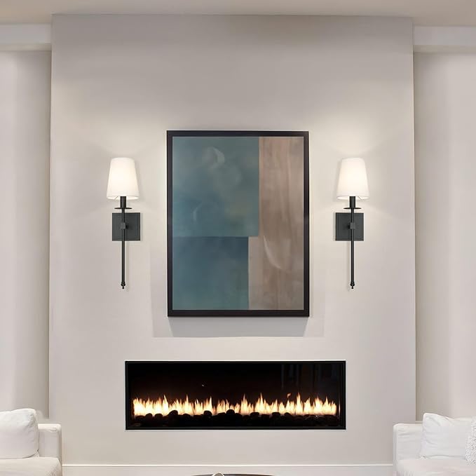 XiNBEi Lighting Black Wall Sconces Set of 2, Classic Sconces Wall Lighting with Flared White Fabric Shade 1 Light Wall Lamps for Bedroom Bedside Corridor & Living Room - Bloomnest