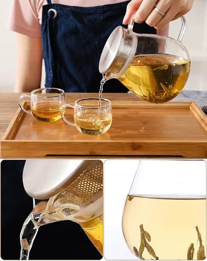 IwaiLoft Glass Teapot with Removable Stainless Steel Filter Lid Stovetop & Microwave Safe Borosilicate Glass Kettle for Loose Leaf, Blooming Tea And Coffee Sharing (24OZ) - Bloomnest