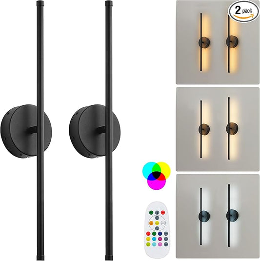 Battery Operated Wall Sconces Set of Two, with Remote Control, Dimmable, Warm White/Natural White/Daylight/RGB, 350°Rotate, LED Black Wireless Wall Light for Living Room, Bedroom, 20.4 Inch - Bloomnest
