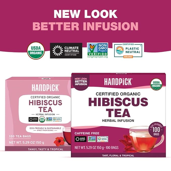 HANDPICK, Organic Hibiscus Tea Bags (100 Tea Bags) | Caffeine-Free, 100% Natural Pure Indian Hibiscus Flowers | Ayurvedic Benefits in every sip - Bloomnest