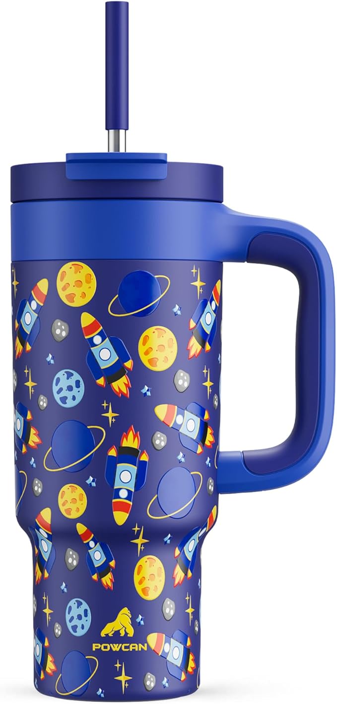 24 oz Stainless Steel Tumbler for Children: Durable Handle, Easy to Clean, Straw Gulp Lid, Car Cup Holder Friendly, Insulated Cup for Sport, Hiking, Carry, Adventures, Bag, Classroom (Space Rocket) - Bloomnest