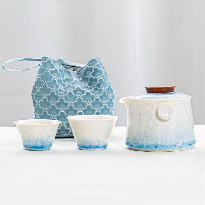 Hermit Life Chinese Travel Tea Set, Portable Ceramic Teapot for One to Two, Gongfu Tea Set with Crystal Glaze, 1 Pot 2 Cups, Gift for Tea Lovers (Icy Blue) - Bloomnest
