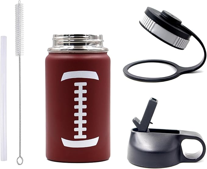 12 oz Football Water Bottle with Straw, Sports Flask Metal Travel Tumbler with 2 Lids, Stainless Steel Double Wall Vacuum Insulated Leak Proof Thermo Water Bottles, Football Gear Gifts for Boys Girls - Bloomnest