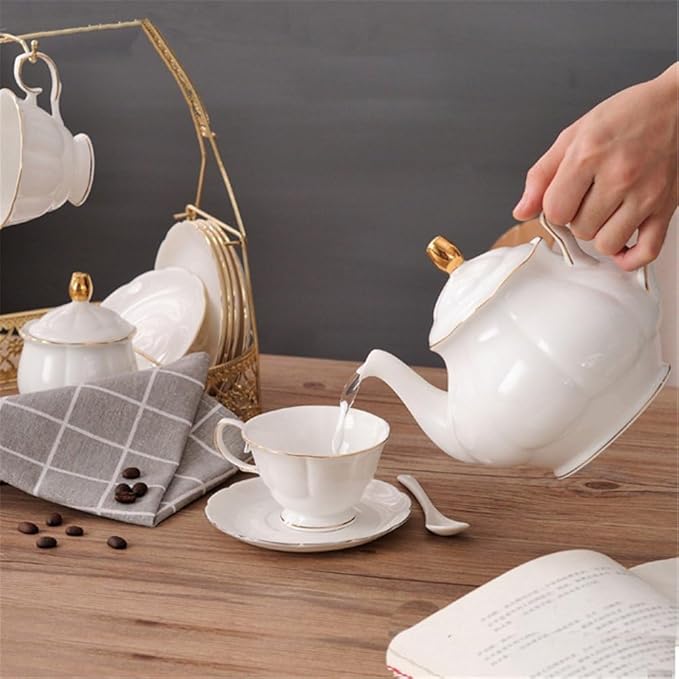 fanquare 15 Pieces Simple White English Ceramic Tea Sets,Tea Pot,Bone China Cups Without Metal Holder,Matching Spoons,Afternoon Tea Set Service Coffee Set - Bloomnest