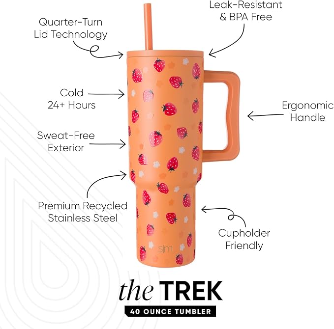 Simple Modern 40 oz Trek Tumbler with Handle and Straw Lid | Cup Holder Friendly Insulated Stainless Steel Travel Mug | Strawberry Fields SimpleModern