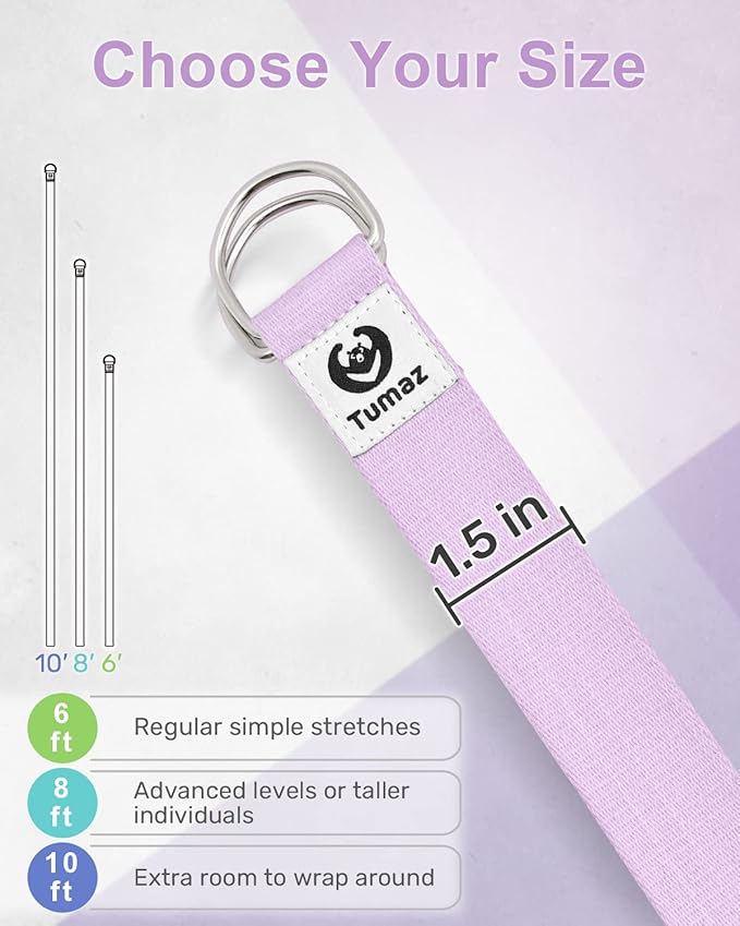 Tumaz Yoga Strap/Stretch Bands [15+ Colors, 6/8/10 Feet Options] with Extra Safe Adjustable D-Ring Buckle, Durable and Comfy Delicate Texture - Best for Daily Stretching, Physical Therapy, Fitness - Bloomnest