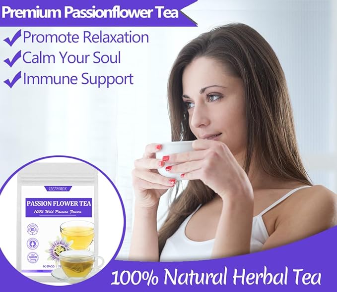 60 Premium Passion Flower Tea Bags, Made with 100% Natural Passionflower Leaves,Te De Pasiflora, Support Better Sleep & Relaxation, No Additives & Caffeine Free. - Bloomnest