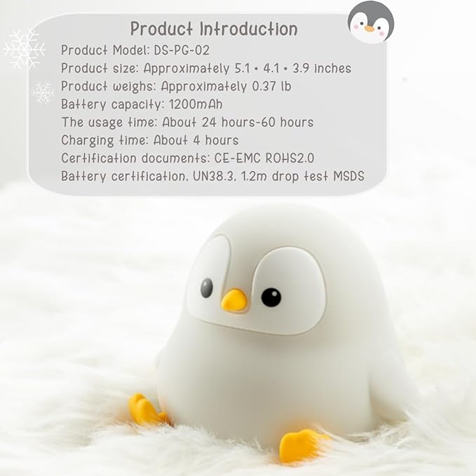 Penguin Cute Night Light for Kids, Squishy Rechargeable Penguin Gifts Lamp, Food Grade Silicone Dimmable Touch Nightlight, Boy Girl Light Up Gray Penguins, Baby Nursery Room Animal Décor - Bloomnest