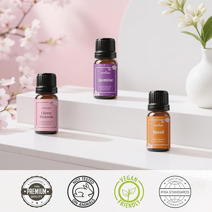 Floral Fragrance Oils, Aromtopia Flower Essential Oils for Diffusers for Home, 6x10ml, Fragrance Oil for Candle Soap Making, Lavender, Rose, Gardenia, Cherry Blossom, Jasmine, Neroli - Bloomnest