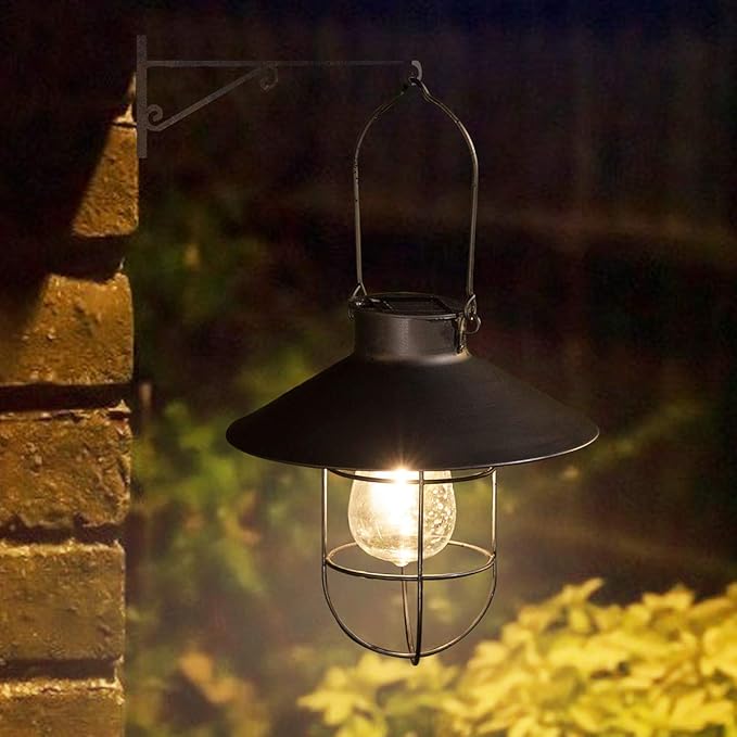 pearlstar Solar Lantern Outdoor 2 Packs Hanging Light Metal Solar Lamp with Warm White Edison Bulb Design for Garden Yard Patio Proch Decor(Black) - Bloomnest