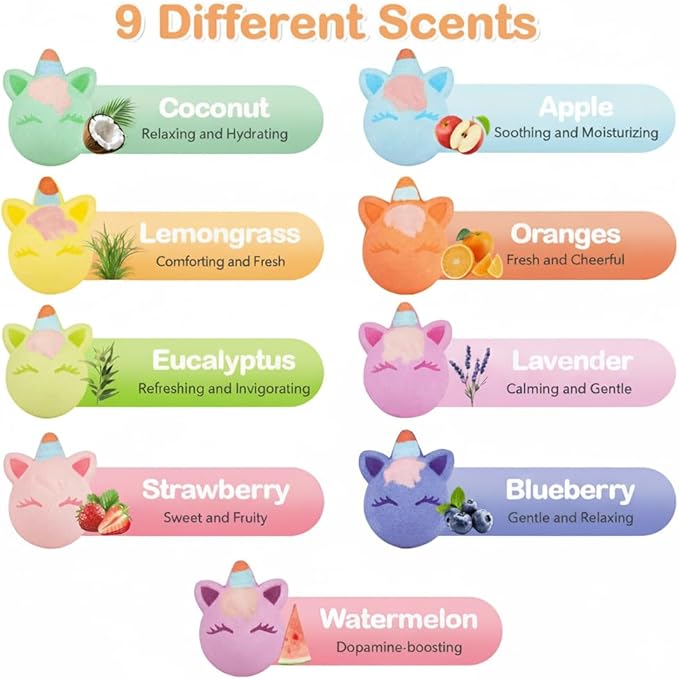Unicorn Bath Bomb Gift Set 9 Packs for Girls and Boys, Handmade and Nature Bath Bombs with Surprise for Kids, Perfect for Bubble Bath, Christmas Birthday Gifts for Kids Toddler Women - Bloomnest