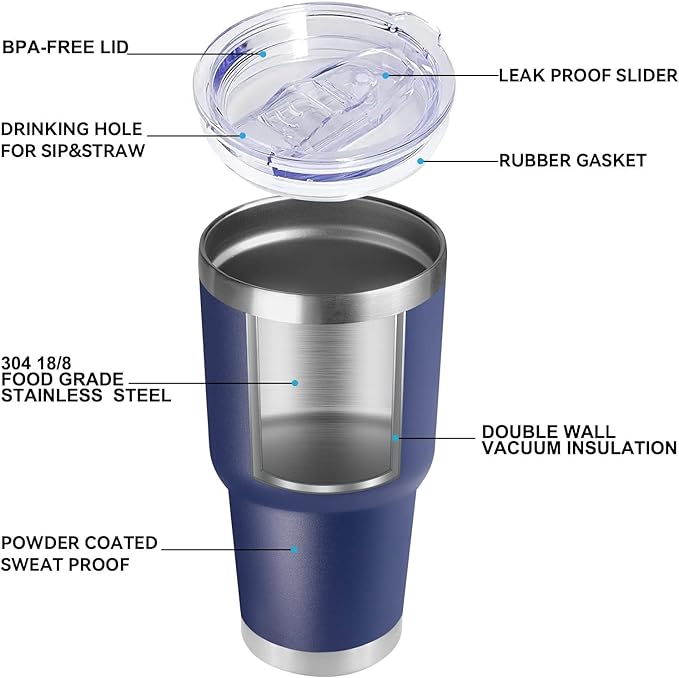 DOMICARE 30 oz Tumbler with Lid and Straw, Stainless Steel Tumblers Bulk, Insulated Vacuum Double Wall Travel Coffee Mug, Durable Powder Coated Tumbler Cups (Navy, 12) - Bloomnest