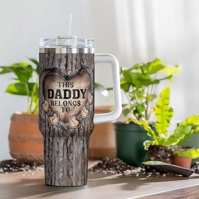 This Daddy Belongs To Personalized Tumbler with Handle, Custom Names Carved Wood Heart 20oz 30oz Stainless Steel Insulated Travel Mug Gift for Dad - Bloomnest