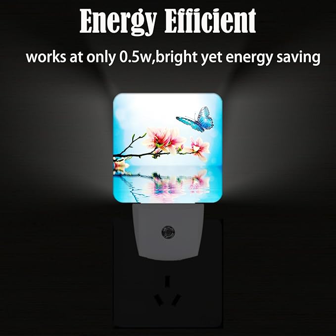 Butterfly and Magnolia Flower Night Light,Plug Into Wall for Boys Girls Bedroom Decorative Square Night Light Lamp 0.5w Sleep Friendly