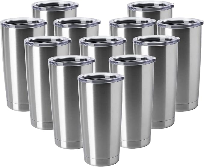 HASLE OUTFITTERS 20oz Tumblers Stainless Steel Mugs with Lid Double Wall Vacuum Insulated Coffee Cups for Cold & Hot Drinks (20oz-Stainless Steel, 12 Pack)