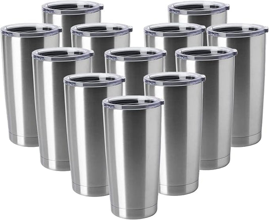 HASLE OUTFITTERS 20oz Tumblers Stainless Steel Mugs with Lid Double Wall Vacuum Insulated Coffee Cups for Cold & Hot Drinks (20oz-Stainless Steel, 12 Pack)