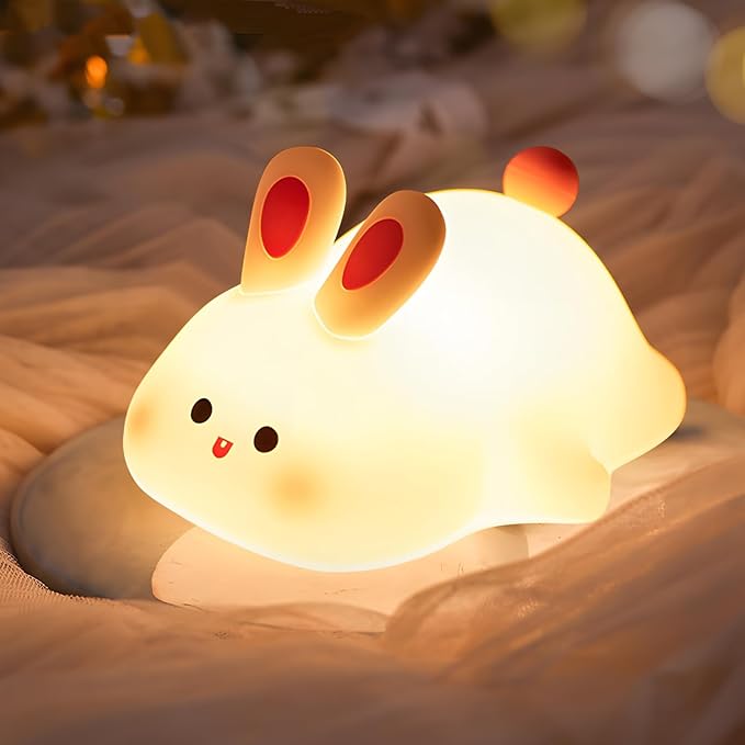 Cute Rabbit Night Light,Squishy Animal Nightlamp,Rechargerable Dimmable Nursery Bunny Lamp Soft Silicone Table Bedroom Lamp Portable Adjustable Lighting Bedroom Bedside Gift - Bloomnest