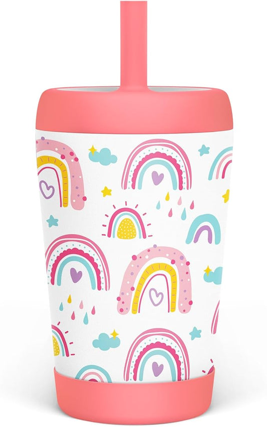 Kid Insulated Stainless Steel Tumbler with Silicone Straw, 12oz Sippy Cup for Kids (Sweet Rainbows) - Bloomnest