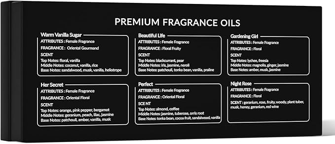 HIQILI Women Fragrance Oil 6x10ml, Essential Oils for Candle Scents Soap Making & Diffuser, Sweet Flowers Scented Oil Set for Aromatherapy Slime Wax Home Car - Bloomnest