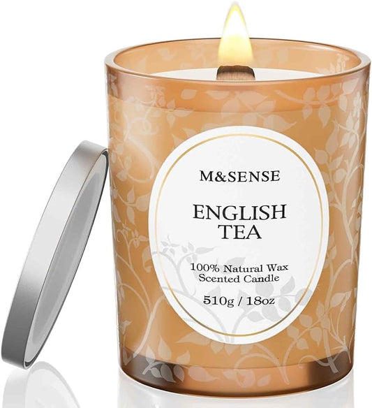 M&SENSE Earl Grey Tea Scented Candle, Cracking Wooden Wick Soy Wax, 18oz 100 Hours Long Lasting Clean Burn, Large Jar Candles for Home Decor, Non-Toxic Relaxing Aromatherapy Gifts for Women - Bloomnest